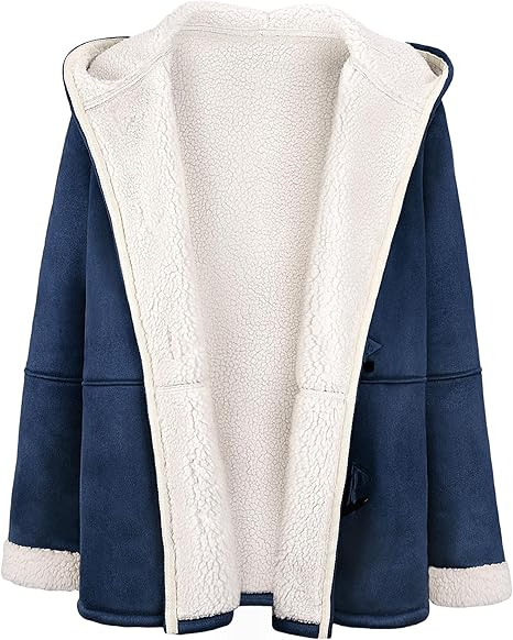 Palton casual pentru femei, imblanit, cu gluga si buzunare, albastru S [2]