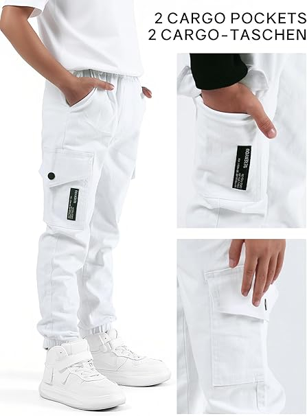 Pantaloni cargo pentru baieti, elastici la baza, 4 buzunare, Alb 170 [2]