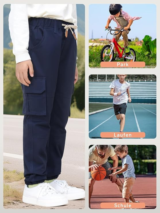 Pantaloni cargo pentru baieti, elastici la baza, 4 buzunare, verde militar 152-158 [7]