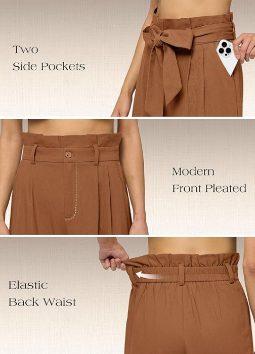 Pantaloni casual lejeri pentru femei, cu buzunare si snur in talie, Maro XL [5]