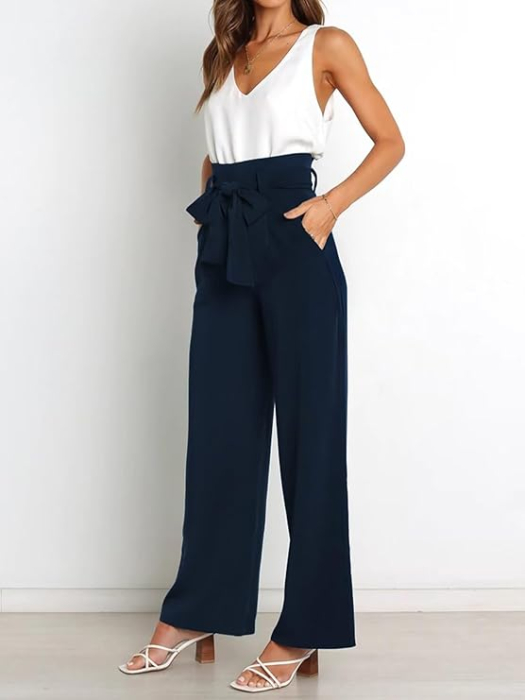 Pantaloni casual lejeri pentru femei, cu buzunare si snur in talie, Albastri S [2]