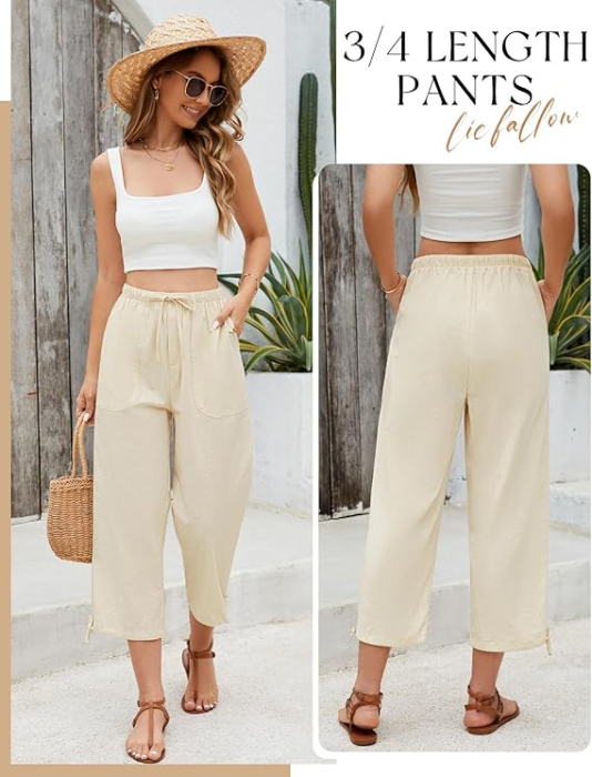 Pantaloni casual lejeri pentru femei, cu buzunare si talie elastica, bej  M [3]