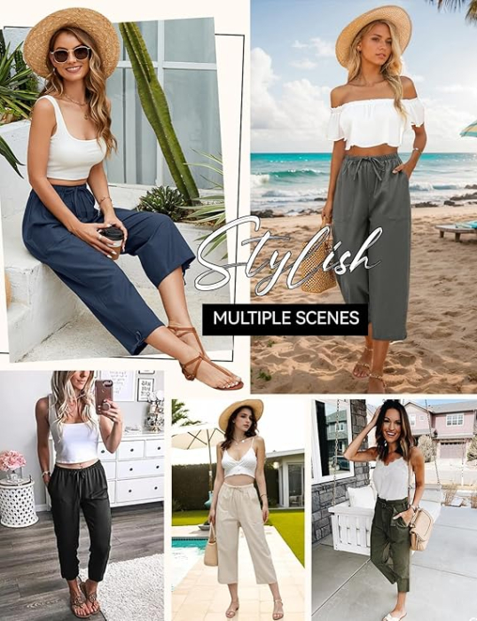 Pantaloni casual lejeri pentru femei, cu buzunare si talie elastica, bej  M [2]