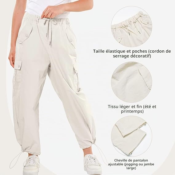 Pantaloni crem Cargo Fete 14-15 Ani, inaltime 170 cm, Croi Larg, Talie Reglabila, Material Ușor [6]