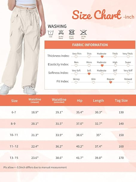 Pantaloni crem Cargo Fete 14-15 Ani, inaltime 170 cm, Croi Larg, Talie Reglabila, Material Ușor [5]