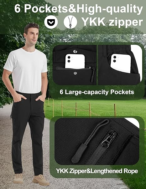 Pantaloni de Trekking usori pentru barbati, rezistenti zgarieturi, 6 buzunare, negri M [3]