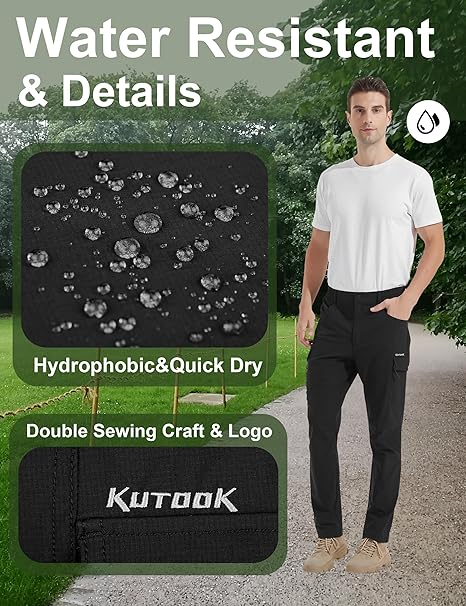 Pantaloni de Trekking usori pentru barbati, rezistenti zgarieturi, 6 buzunare, negri M [4]