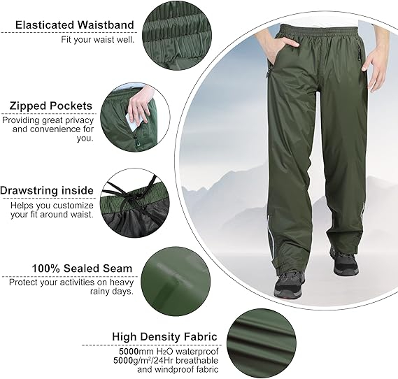 Pantaloni de Ploaie Impermeabili pentru Bărbați Ușori Rezistenți la Vânt - Verzi M [5]