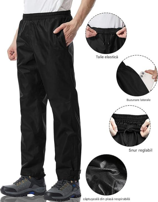 Pantaloni de Ploaie Impermeabili pentru Bărbați Ușori Rezistenți la Vânt - Negri XS/32L [3]