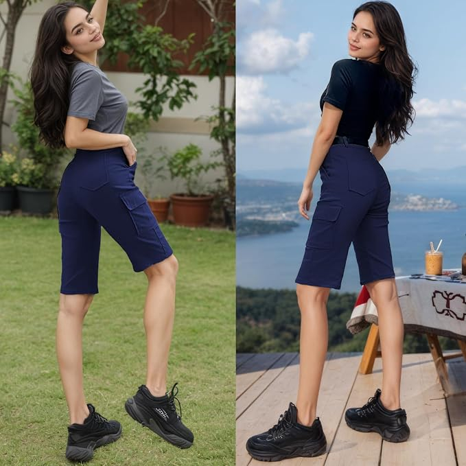 Pantaloni scurți albastri cargo damă, talie înaltă, elastici – Utility Shorts cu buzunare și șnur, M [4]