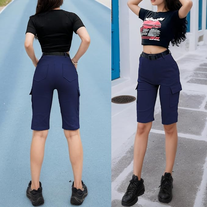 Pantaloni scurți albastri cargo damă, talie înaltă, elastici – Utility Shorts cu buzunare și șnur, L [2]