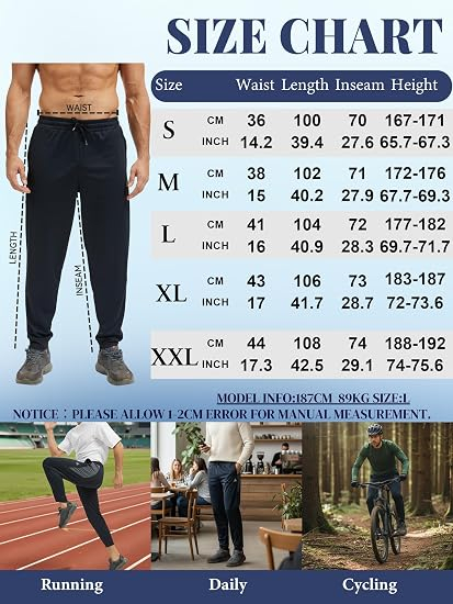 Pantaloni negri sport de alergare pentru barbati, talie elastica, buzunare cu fermoare, S [6]