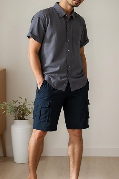 Pantaloni scurti de vară pentru bărbați, din twill cu mai multe buzunare relaxate casual kaki 34 [7]