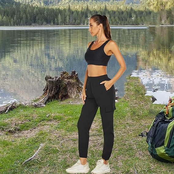 Pantaloni sport respirabili pentru femei, cu buzunare, uscare rapida, negri XS [6]