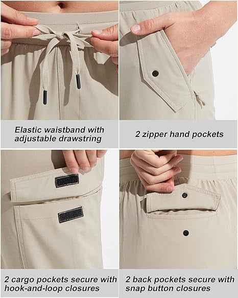 Pantaloni sport respirabili pentru femei, cu buzunare si snur in talie, 3 sferturi crem 2XL [3]