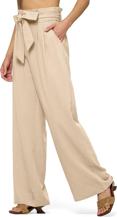 Pantaloni casual lejeri pentru femei, cu buzunare si snur in talie, Crem XL [2]