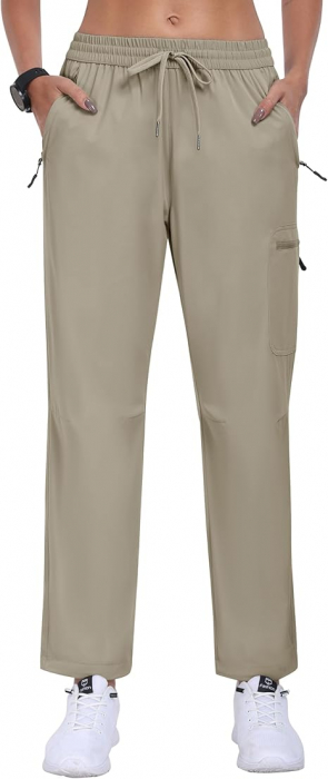 Pantaloni sport respirabili pentru femei, cu buzunare si snur in talie, Crem XL [2]