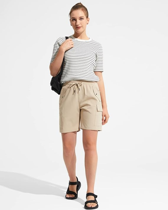 Pantaloni sport respirabili pentru femei, cu buzunare si talie elastica, scurti crem 3XL [5]