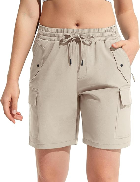 Pantaloni sport respirabili pentru femei, cu buzunare si talie elastica, scurti crem S [2]