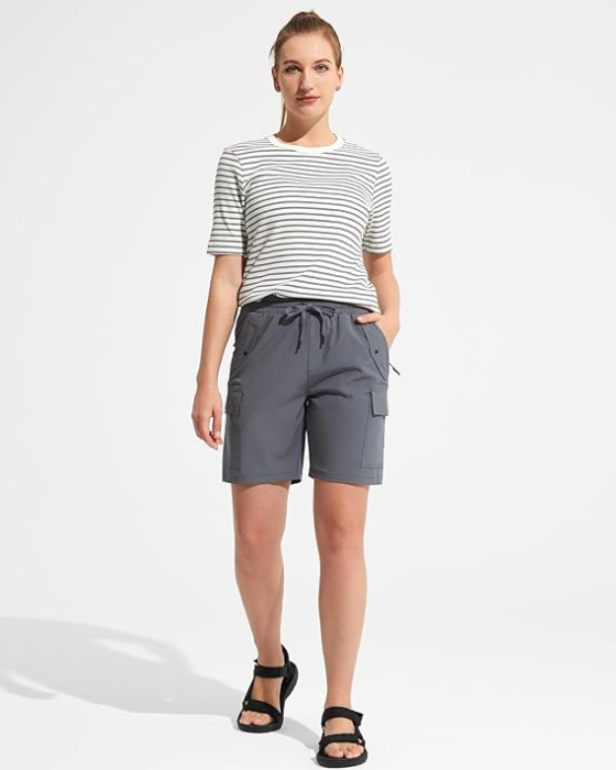 Pantaloni sport respirabili pentru femei, cu buzunare si talie elastica, scurti gri L [5]