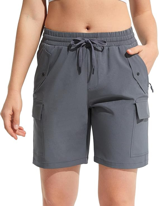 Pantaloni sport respirabili pentru femei, cu buzunare si talie elastica, scurti gri L [2]