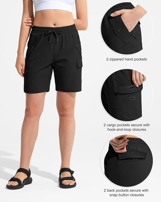 Pantaloni sport respirabili pentru femei, cu buzunare si talie elastica, scurti negri 2XL [4]