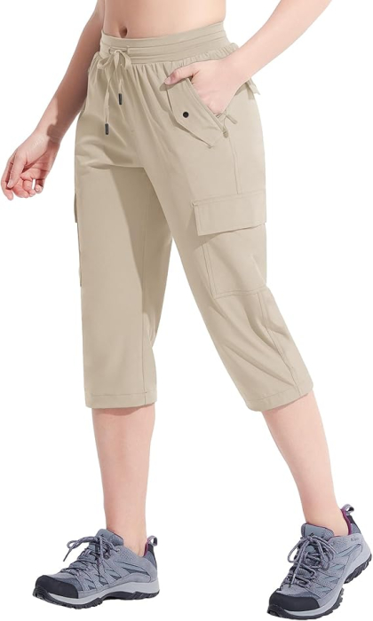 Pantaloni sport respirabili pentru femei, cu buzunare si talie elastica, 3/4 crem M [2]