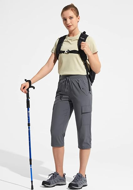 Pantaloni sport respirabili pentru femei, cu buzunare si talie elastica, 3/4 gri L [5]