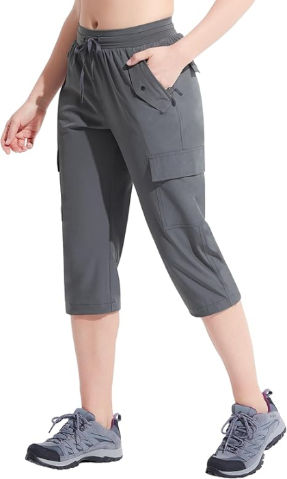 Pantaloni sport respirabili pentru femei, cu buzunare si talie elastica, 3/4 gri L [2]