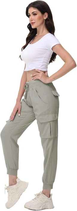 Pantaloni sport respirabili pentru femei, cu buzunare si talie elastica, lungi crem XL [7]