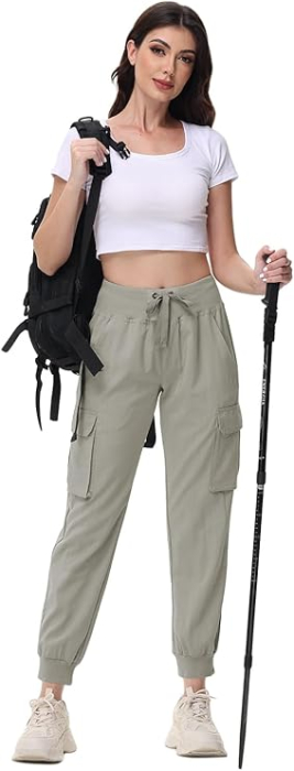 Pantaloni sport respirabili pentru femei, cu buzunare si talie elastica, lungi crem XL [6]