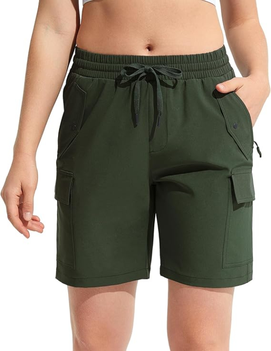 Pantaloni sport respirabili pentru femei, cu buzunare si talie elastica, scurti verzi L [2]