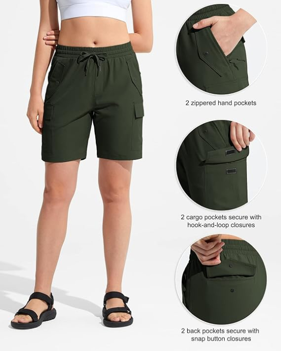 Pantaloni sport respirabili pentru femei, cu buzunare si talie elastica, scurti verzi M [4]