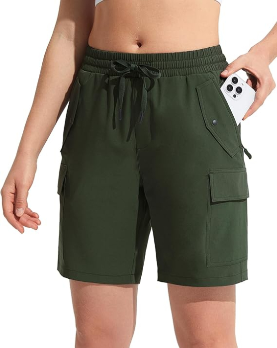 Pantaloni sport respirabili pentru femei, cu buzunare si talie elastica, scurti verzi 3XL [3]
