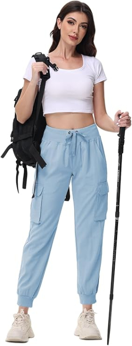 Pantaloni sport respirabili pentru femei, cu buzunare si talie elastica, lungi bleu L [7]