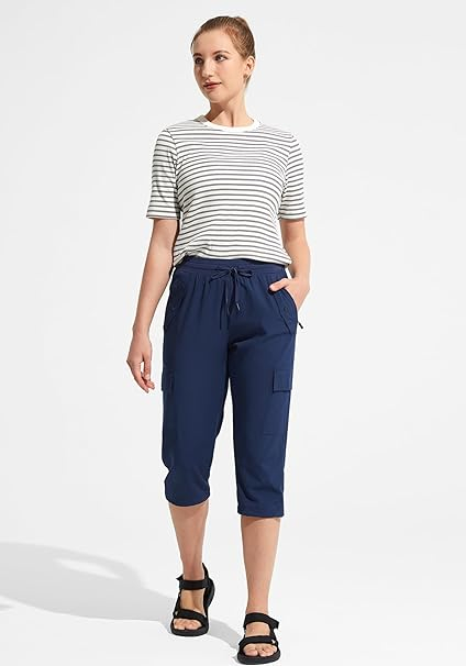 Pantaloni sport respirabili pentru femei, cu buzunare si talie elastica, 3/4 albastru 2XL [5]