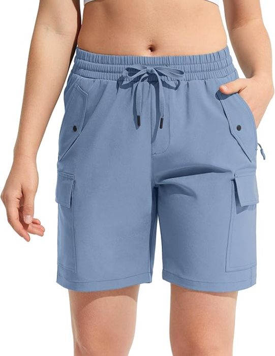 Pantaloni sport respirabili pentru femei, cu buzunare si talie elastica, scurti Bleu XL [2]
