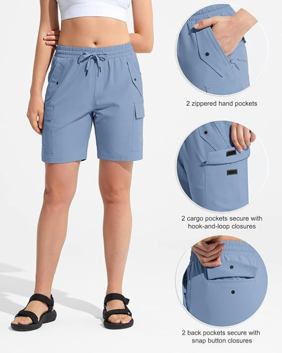 Pantaloni sport respirabili pentru femei, cu buzunare si talie elastica, scurti Bleu XL [4]