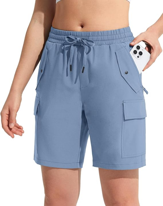 Pantaloni sport respirabili pentru femei, cu buzunare si talie elastica, scurti Bleu 2XL [3]