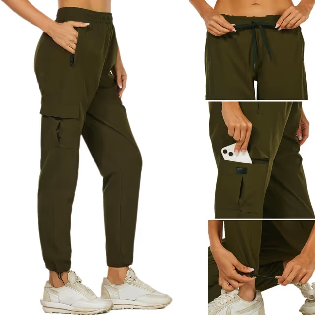 Pantaloni sport respirabili pentru femei, cu buzunare, uscare rapida, verzi L [2]