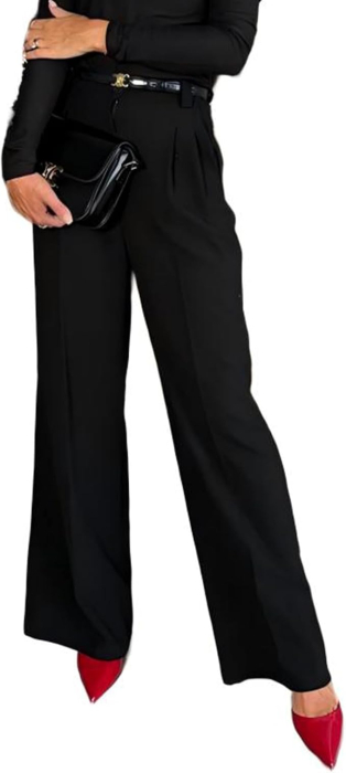 Pantaloni Palazzo Damă cu Talie Înaltă – Croială Largă, Material Elastic, 2 Buzunare, Office & Casual, XL [2]