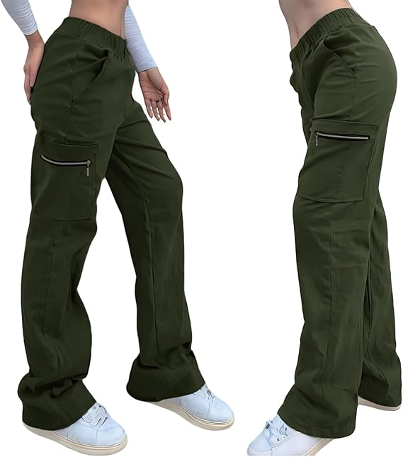 Pantaloni verzi damă Cargo Y2K, croială largă, talie elastică, 4 buzunare și material elastic, M [4]