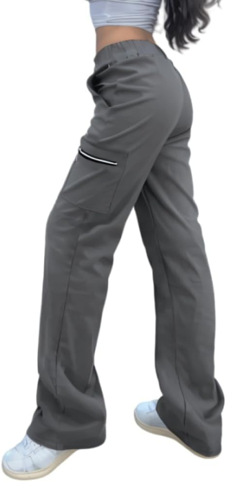 Pantaloni gri damă Cargo Y2K, croială largă, talie elastică, 4 buzunare și material elastic, M [3]