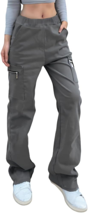 Pantaloni gri damă Cargo Y2K, croială largă, talie elastică, 4 buzunare și material elastic, M [2]