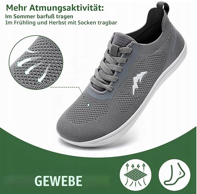 Pantofi gri Barefoot cu Vârf Lat, Talpă Flexibilă din Cauciuc, Respirabili, 40 [5]