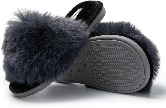 Papuci de casă damă 37 cu blăniță gri, model inimioară, talpă TPR antiderapantă și branț Memory Foam [2]