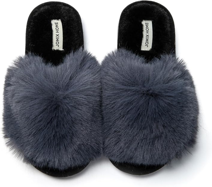 Papuci de casă damă 37 cu blăniță gri, model inimioară, talpă TPR antiderapantă și branț Memory Foam [5]
