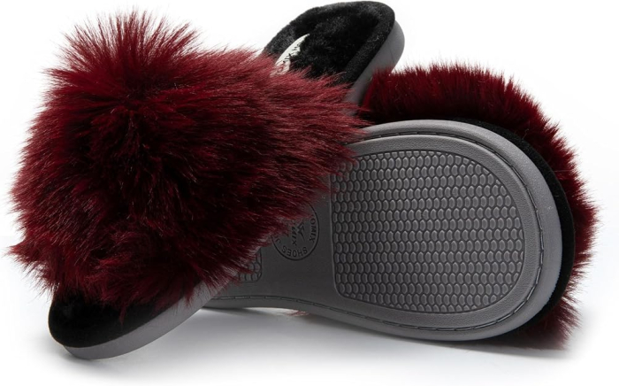 Papuci de casă damă 37 cu blăniță visinie, model inimioară, talpă TPR antiderapantă și branț Memory Foam [2]