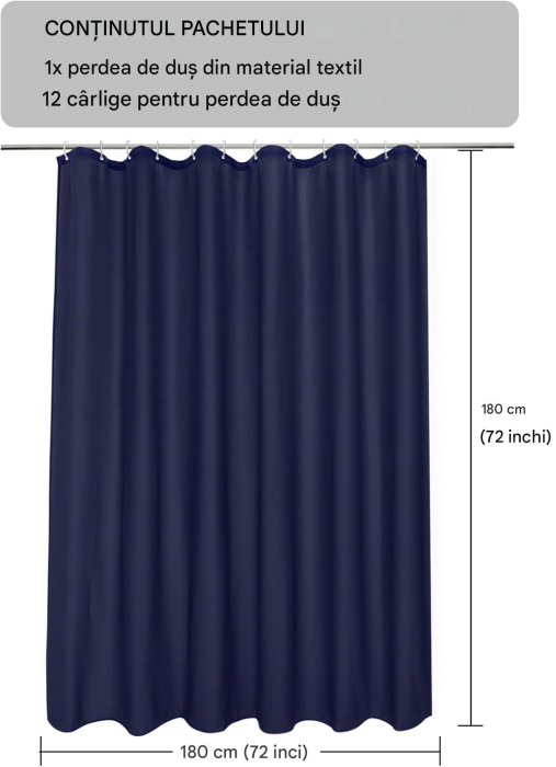 Perdea de dus textil anti-mucegai, usor lavabila, impermeabila 180x180 cm cu12 carlige , albastra [7]
