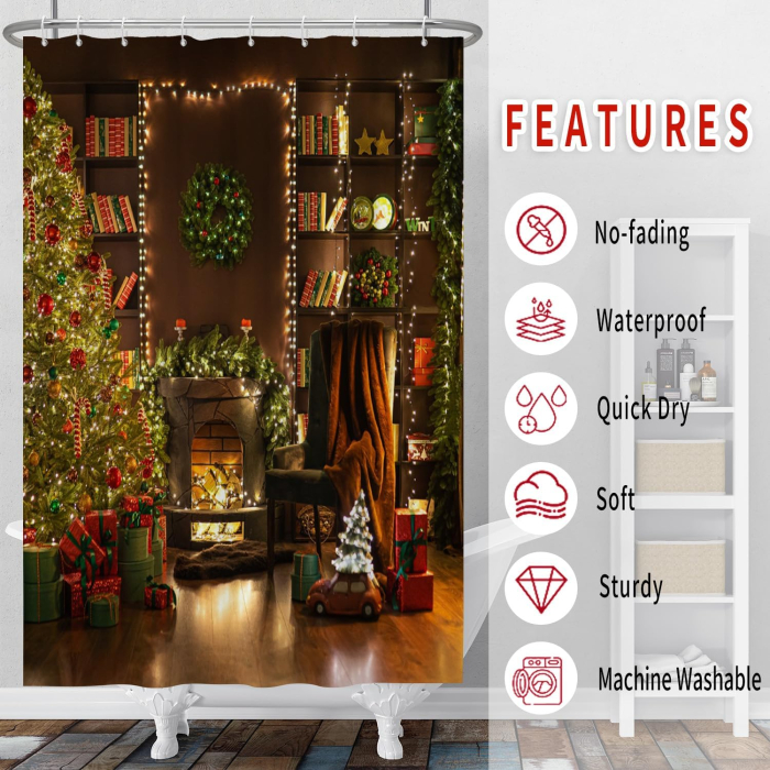 Perdea de dus, usor lavabila, impermeabila 180x180 cm cu12 carlige , Model Craciun [3]